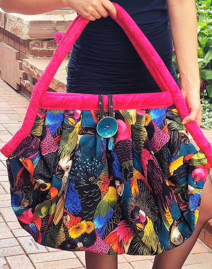 striking Overnight Or Weekend Bag, Tote, Beach Bag, Gym Yoga Bag in Fun Multicolored Parrot Fabric, Accented Fuschia