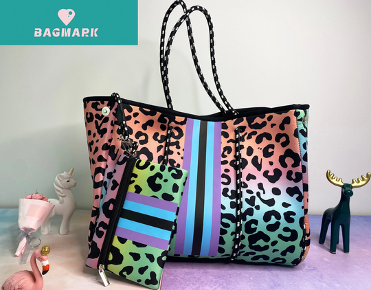 Pink & Black Stripe Leopard Grain With Small Zippered Purse Neoprene Tote, Neoprene Bag, Tote Bag, Purses & Bags, Beach