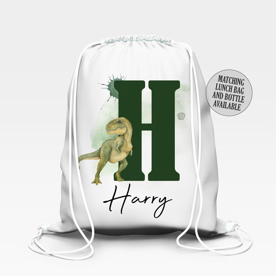 Personalised School Gym Bag, Kids Pe Back To Dinosaur Alphabet With Name, Dino Bag For Boys, Gift, Stocking Filler