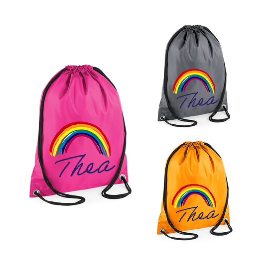 Personalised Drawstring Rainbow School Bag, Gym Bag, Books, Pe