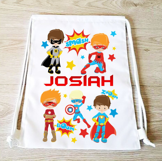 Superhero Boys Drawstring Backpack Bag Pe Gym Girl Sports Personalised School Swim Boy Heros