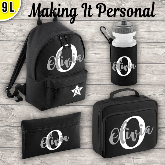 Personalised Mini 9L Kids Backpack Lunch Bag Water Bottle & Pencil Case Back To School Black Add Your Initial Name