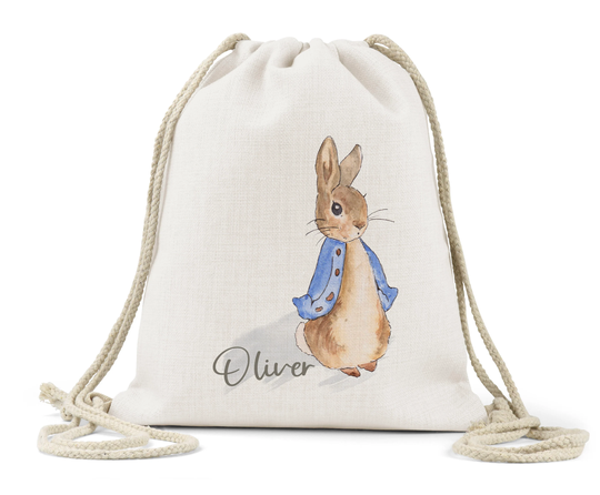 Personalised Drawstring Bag Linen Kids Children's Boys Girls Backpack Toys Nappy Nursery School P.e Book Peter Rabbit