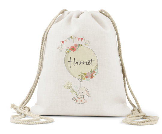 Personalised Drawstring Bag Linen Kids Children's Boys Girls Backpack Toys Nappy Nursery School P.e Book Cute Bunny & Balloon