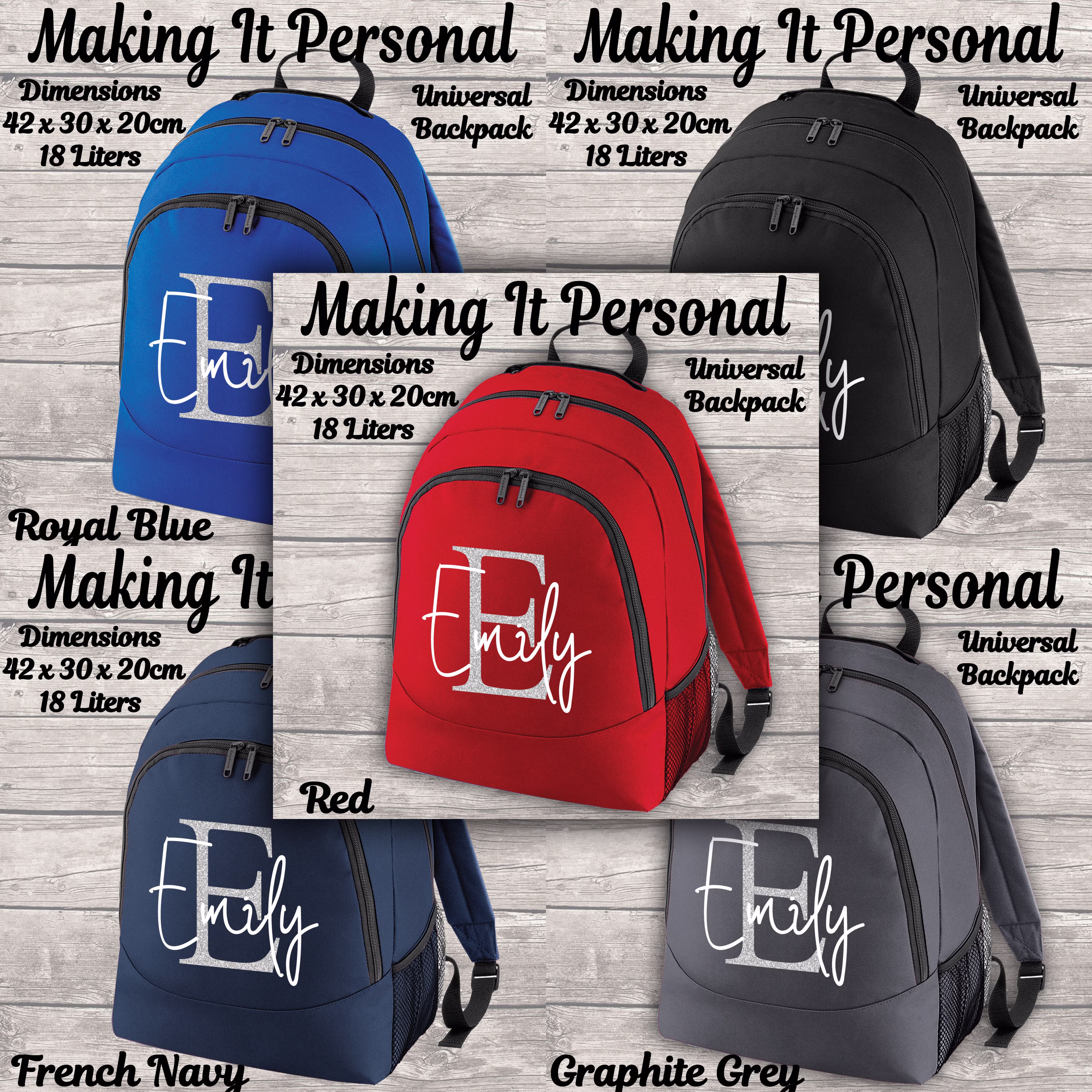 Personalised Initial Name Backpack Bag Rucksake Girls Boys Black Grey Navy Royal Blue Red Add Your Name Full Size Kids 18 Litres
