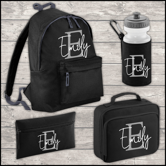 Personalised Initial & Name 18L Backpack Kids Lunch Bag Water Bottle Free Pencil Case Add Your Name Back To School Black