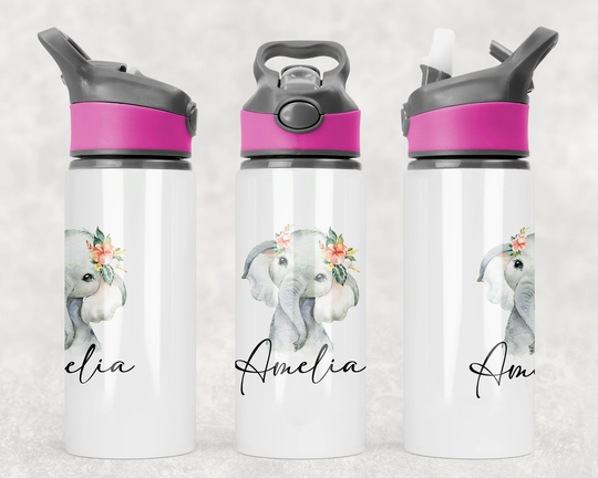 Personalised Floral Elephant Straw Bottle, Aluminium Water Pink Flowers, With Name, Gift For Her, Adult Kid