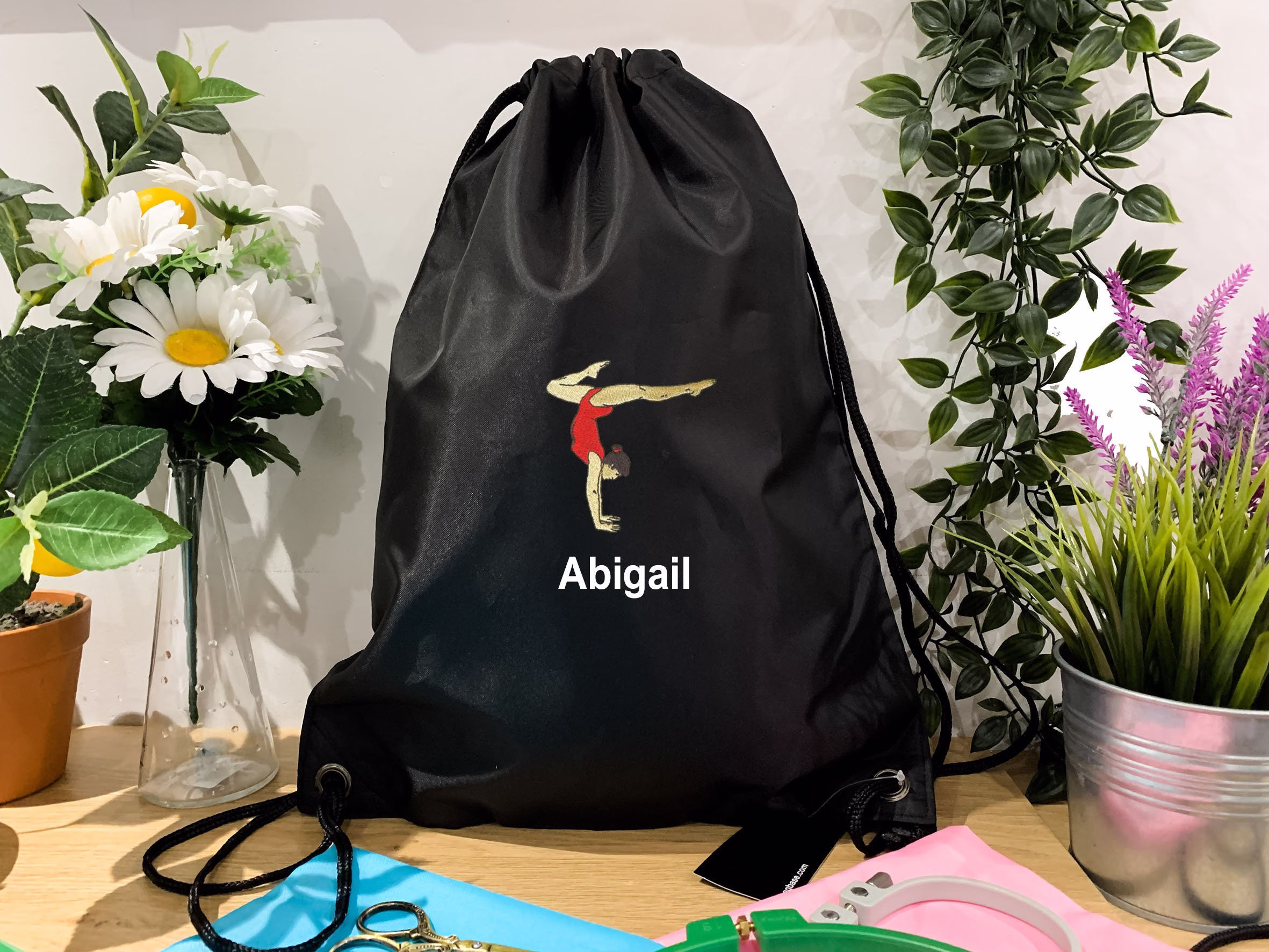 Personalised Gymnastics Bag, Drawstring Bag, Girls Gym Embroidery, Stag Hand Stand, School Pe Gymnast Bag