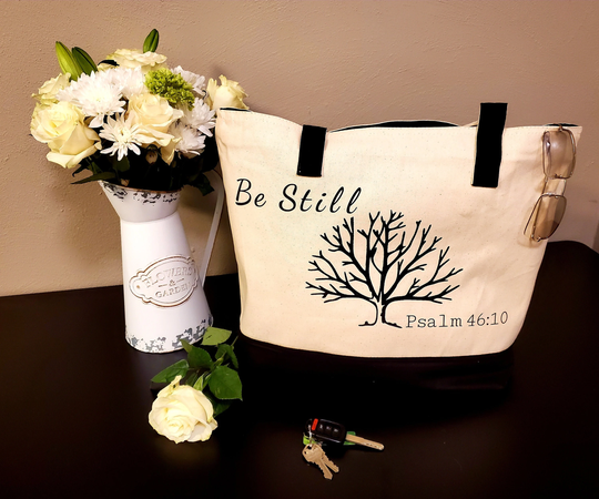 Be Still, Psalm 4610 Christian Canvas Tote, Shopping, Travel, Reusable Grocery Bag, Handbag, Bible, Scripture, Religious, For Her