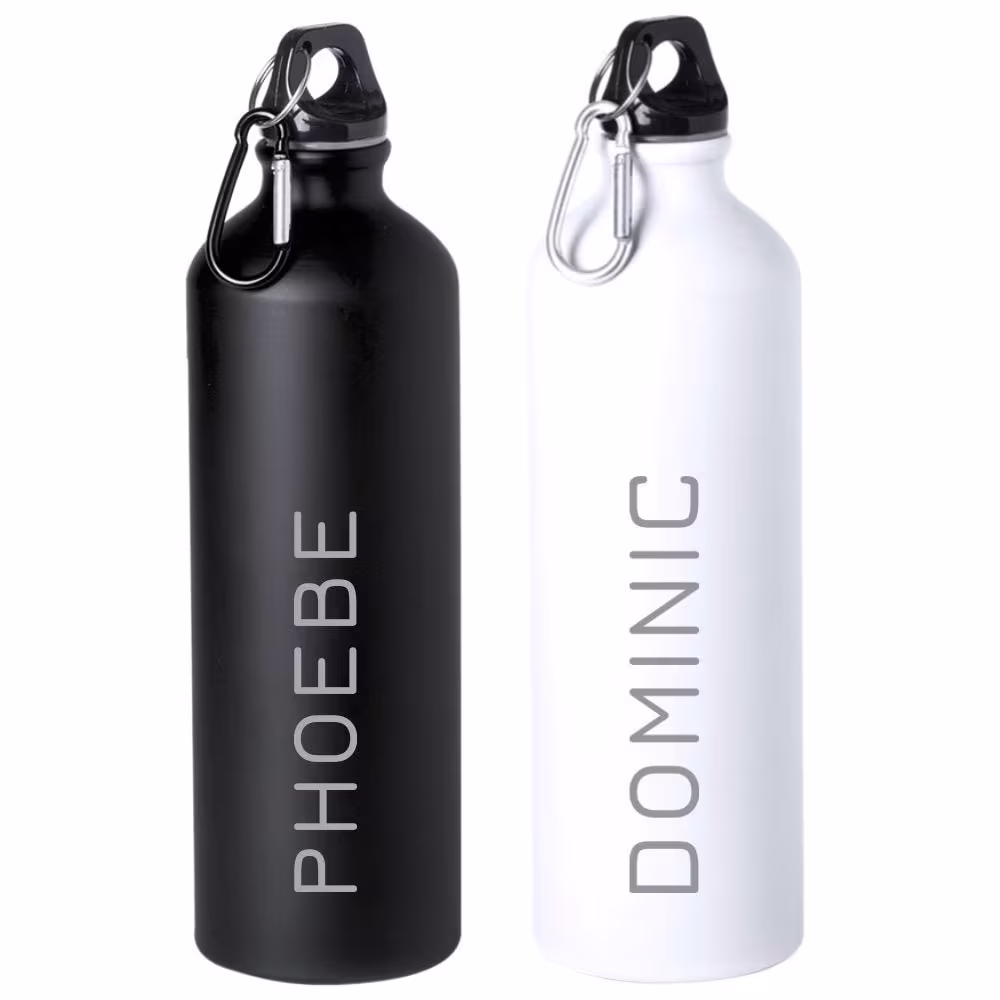 Personalised Metal Water Bottle Matt White/Black Large 800Ml Capacity With Carabineer Clip - Customise Your Name Yoga, Gym, Work