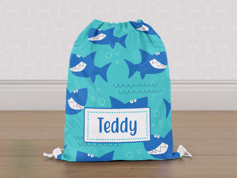 Personalised Shark Smiling Gym Bag, Boys Kids Drawstring Childrens School Pe Swim Bag | Customise With Any Name