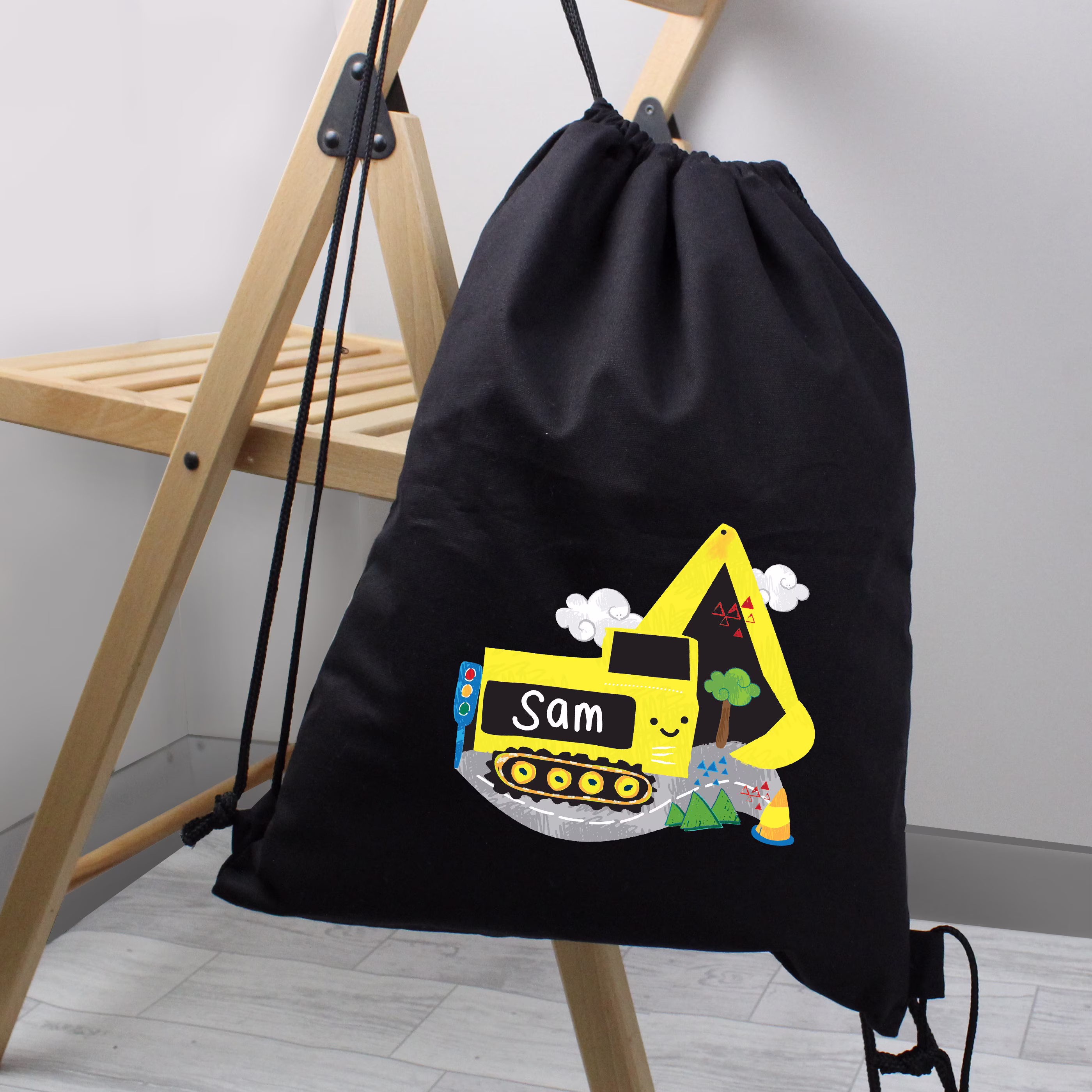 Personalised Childs Name Digger Black Sports Kit Bag | Kids School