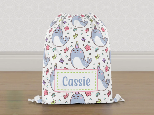 Personalised Narwhale Whale Gym Bag, Girls Kids Drawstring Childrens School Pe Swim Bag | Customise With Any Name