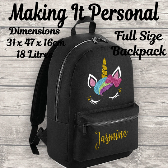 Personalised Unicorn Backpack Bag Rucksake Girls Blue Pink Grey White Add Your Name Essential Fashion Kids Full Size 18 Litres