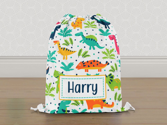 Personalised Dinosaur Gym Bag, Multicoloured Boys Girls Kids Drawstring Childrens School Pe Swim Bag | Customise With Any Name