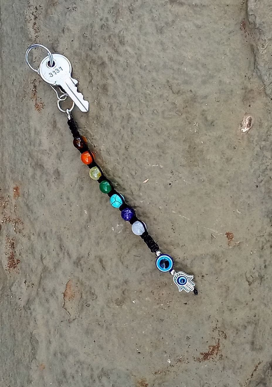 7 Stone Chakra Knotted Keychain, Blue Evil Eye & Hamsa Hand Macrame Beaded Gemstone Dangle With Lanyard Clip & Key Ring