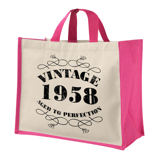 65Th Birthday Vintage Jute Bag Keepsake Gift For Her, Birth Year 1958 Bag, Shopper Travel - Available in 4 Colours & 2 Sizes