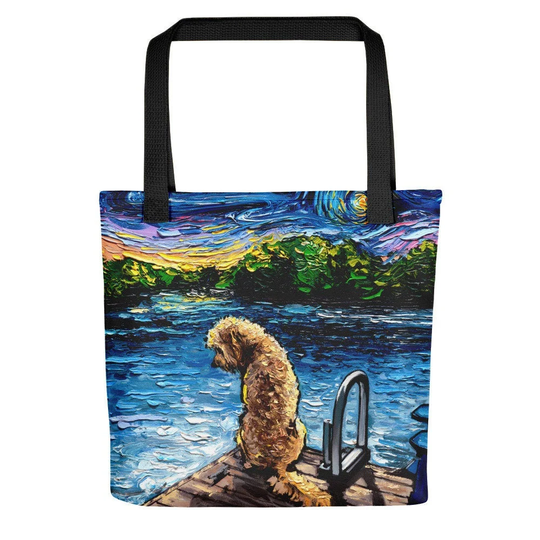 Goldendoodle On Dock Of Lake Dog Starry Night Tote Bag Handbag Artwork By Aja Beach Gym Day Tote Free Ship Usa Printed Both Sides