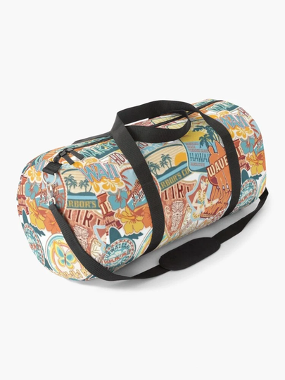 Hawaiian Travel Stickers Duffle Bag - Gym Luggage Tote Nautical Ocean & Coastal Themed Beach Surf Aloha
