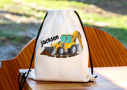 Personalised Digger Drawstring Bag, P.e Kit Back To School Nursery Kids Swim Gym Dance