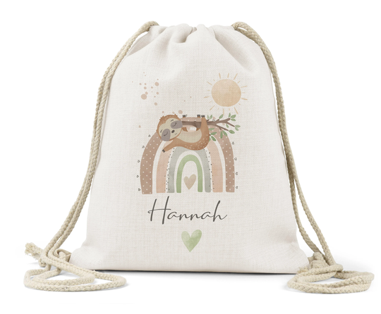 Personalised Drawstring Bag Linen Kids Children's Boys Girls Backpack Toys School P.e Book Rainbow Sloth