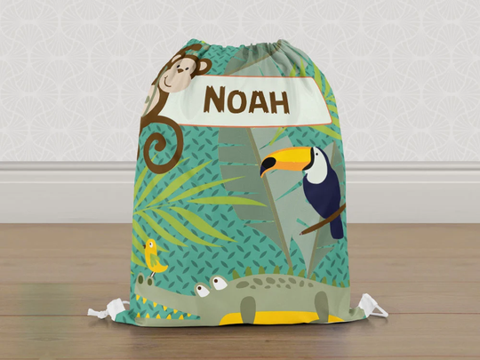 Personalised Jungle Safari Croc Monkey Gym Bag, Boys Girls Kids Drawstring Childrens School Pe Swim Bag | Customise With Any Name