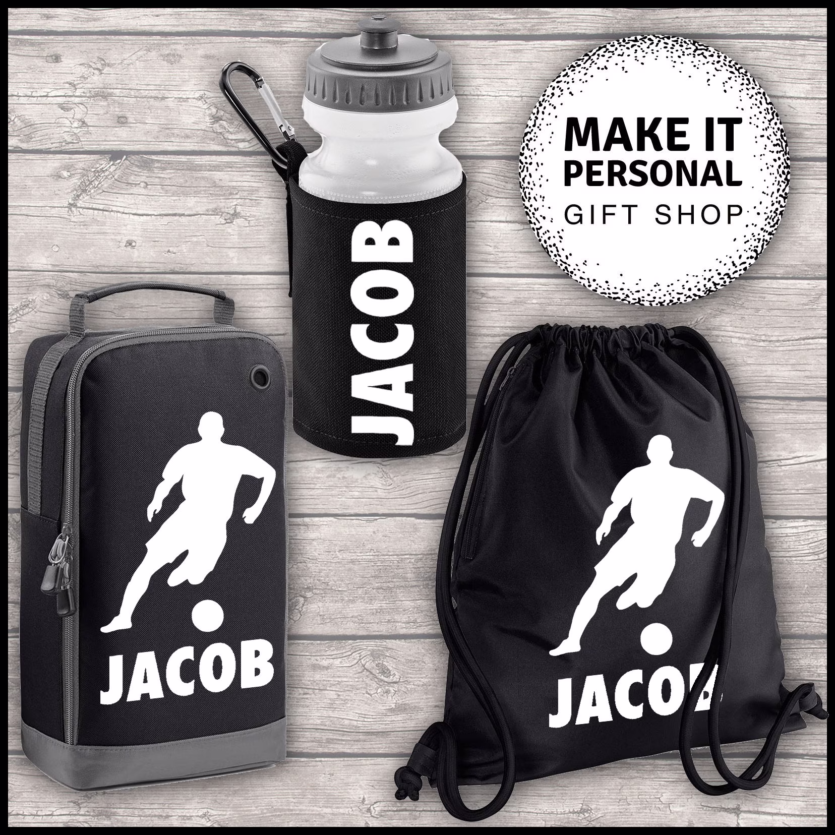 Personalised Sports Set Boot Bag Water Bottle & Gym Black Add Your Name Back To School