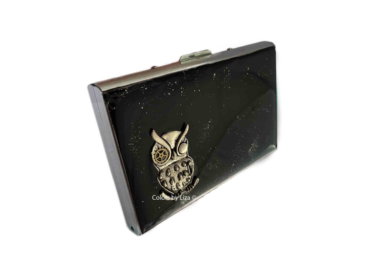 Robot Owl With Gear Watch Parts Metal Accordion Wallet Inlaid in Hand Painted Enamel Sci Fi Fantasy Rfid Case Personalized Options