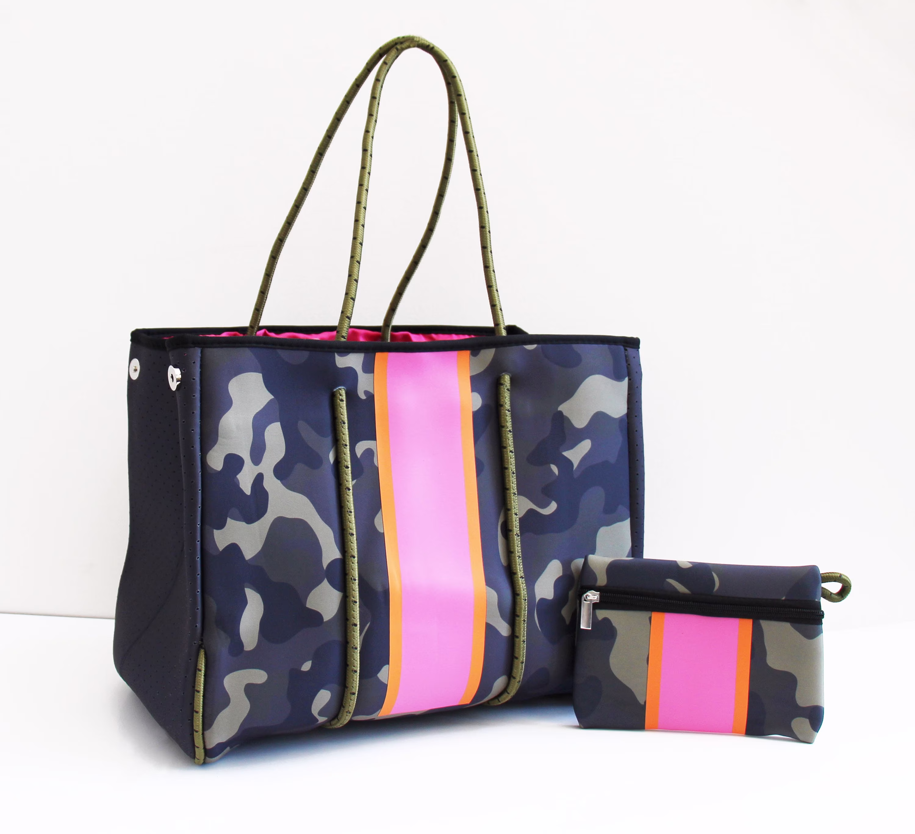 Neoprene Ella Tote Camo with Pink/Orange Stripe