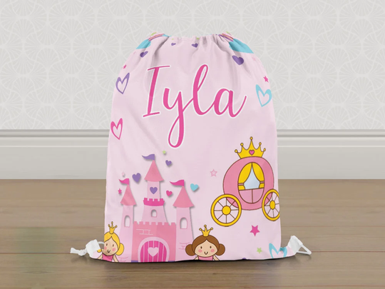 Personalised Princess Gym Bag, Girls Kids Drawstring Childrens School Pe Swim Bag | Customise With Any Name