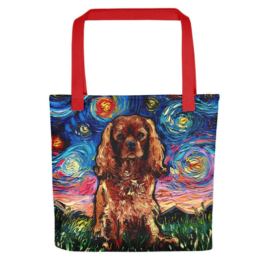 Ruby Cavalier King Charles Spaniel Starry Night Tote Bag Handbag Artwork By Aja Dog Lover Gift Gym Shopping Grocery Carry All