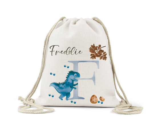 Personalised Boys Blue Dinosaur Drawstring Bag, Linen, Watercolour School Nursery , Gym Kit, Vintage Design , Dinosaur