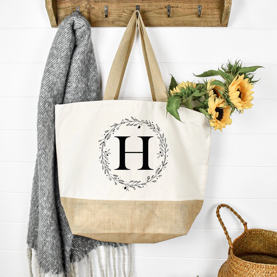 Personalised Large Tote Bag, Initial Uni Jute Shopping Book Custom Printed Wreath Bag