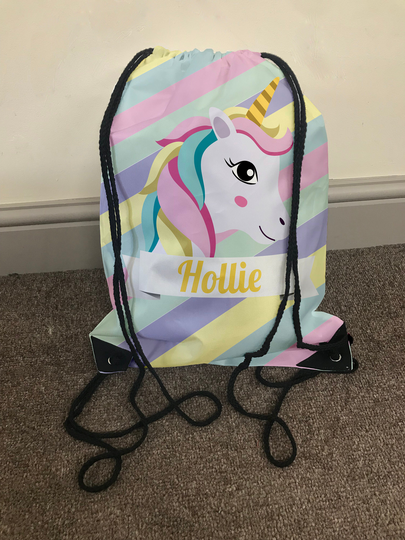 Personalised Children's Unicorn Drawstring Gym Bag, Striped, Any Name, Colourful, Cute