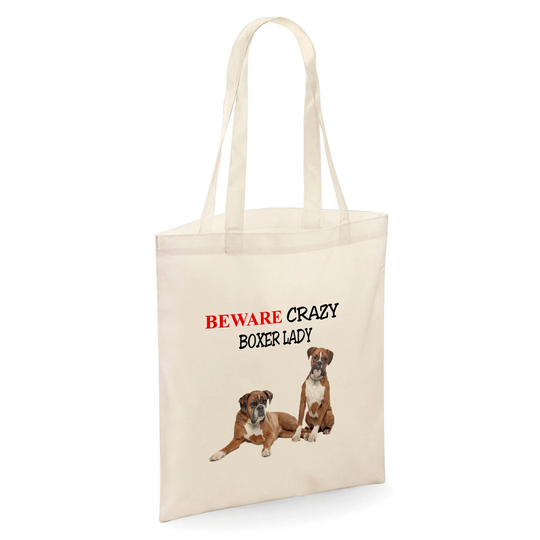 Beware Crazy Boxer Dog Lady Tote Shopper Bag - Natural Colour