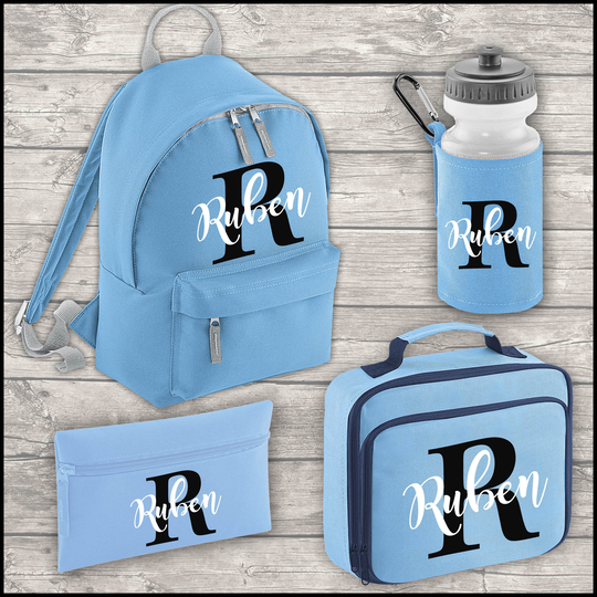 Personalised Name & Initial Blue 9 Litre Backpack Water Bottle Lunch Bag Free Pencil Case Back To School Kids Mini Size