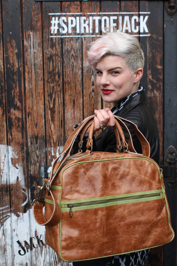 Tote Vintage Tan Leather With Apple Trim, Jackie, Overnight Scrunchy Leather Luggage Bag, Laptop Everyday Flight Or Weekend
