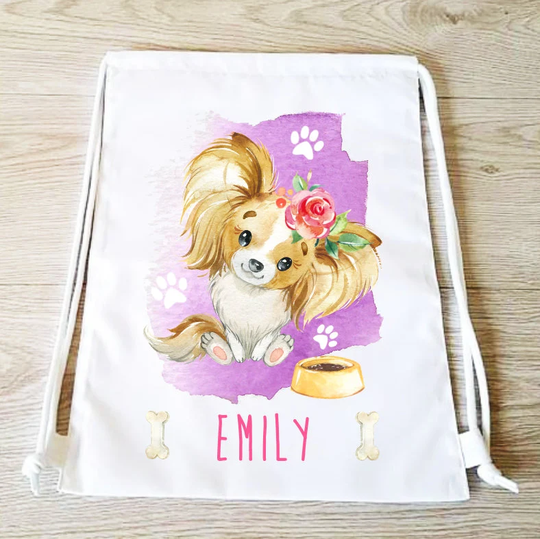Papillon Bag Drawstring Backpack Puppy Pe Gym Sports Personalised Other Dog Breeds Available