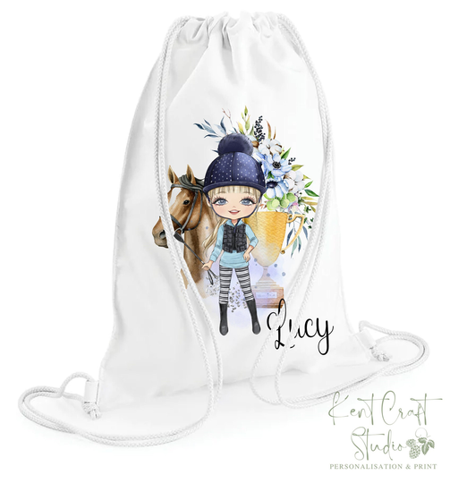 Personalised Equestrian Horse Riding Girl Drawstring Gym Pe Swim Storage Bag