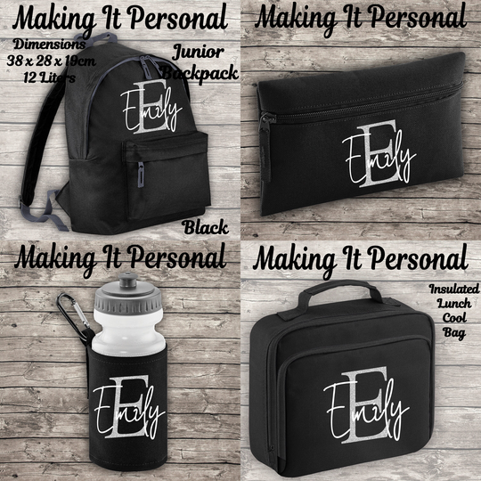 Personalised Inital & Name 12 Litres Backpack Kids Black Lunch Bag Water Bottle Free Pencil Case Add Your Name Back To School