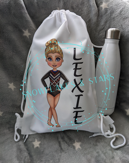 Personalised Gymnastics Drawstring Gymsac, Pe Bag, Backpack, White, Choice Of 36 Gymnasts. Black, Red, Blue & Silver Leotard