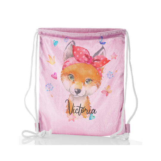 Personalised Fox Glitterdrawstring Bag Customised With Name, Ideal For Kids Dance, Ballet Or Games