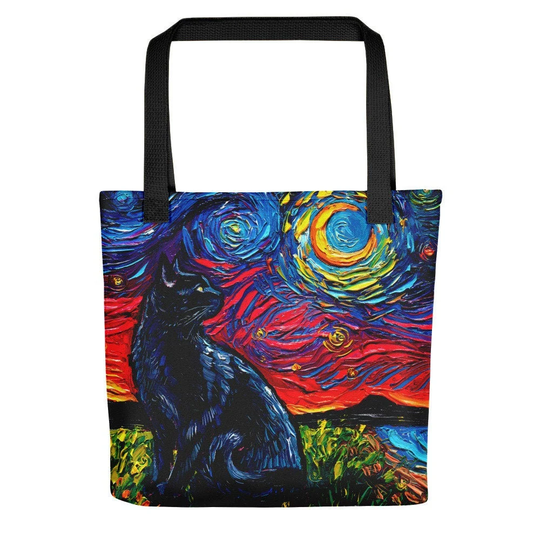 Black Cat & Moon Starry Night Tote Bag Handbag Artwork By Aja Cat Lover Gift Gym Shopping Grocery Carry All