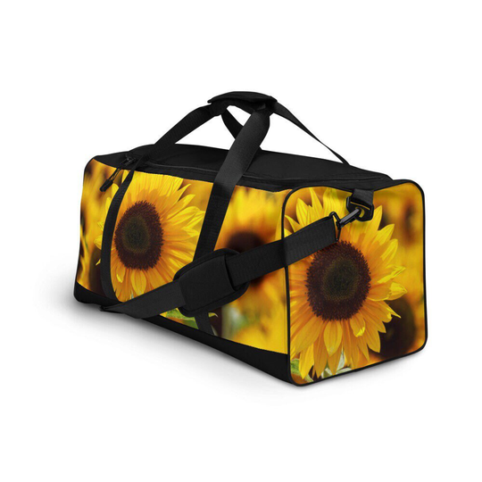 Sunflower Field Duffel Bag, Floral Travel Duffel, Black Weekender Bag, Sunflowers Camp Duffle Bag Flower Designer Weekend