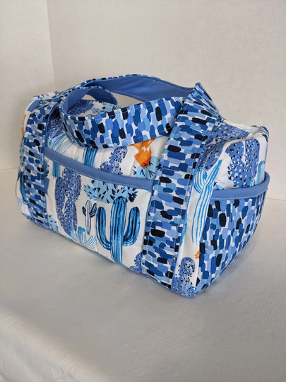 Small Overnight Duffle Aqua Cornflower Blue Cactus Print Quilted Zippered Bag Purse Girls Womens Gym School Diaper