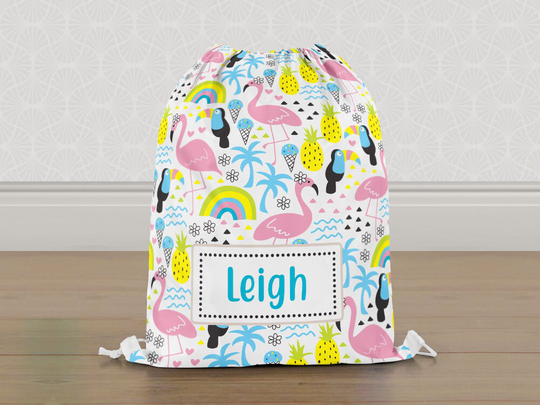 Personalised Flamingo Tropical Gym Bag, Girls Kids Drawstring Childrens School Pe Swim Bag | Customise With Any Name