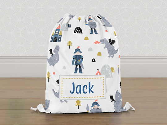 Personalised Dragon & Knight Fairytale Gym Bag, Boys Kids Drawstring Childrens School Pe Swim Bag | Customise With Any Name