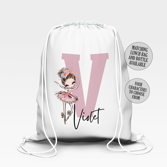 Personalised School Gym Bag, Kids Pe Back To Ballet Dancer Theme With Name, Flowery Bag For Girls, Dance Gift, Stocking Filler