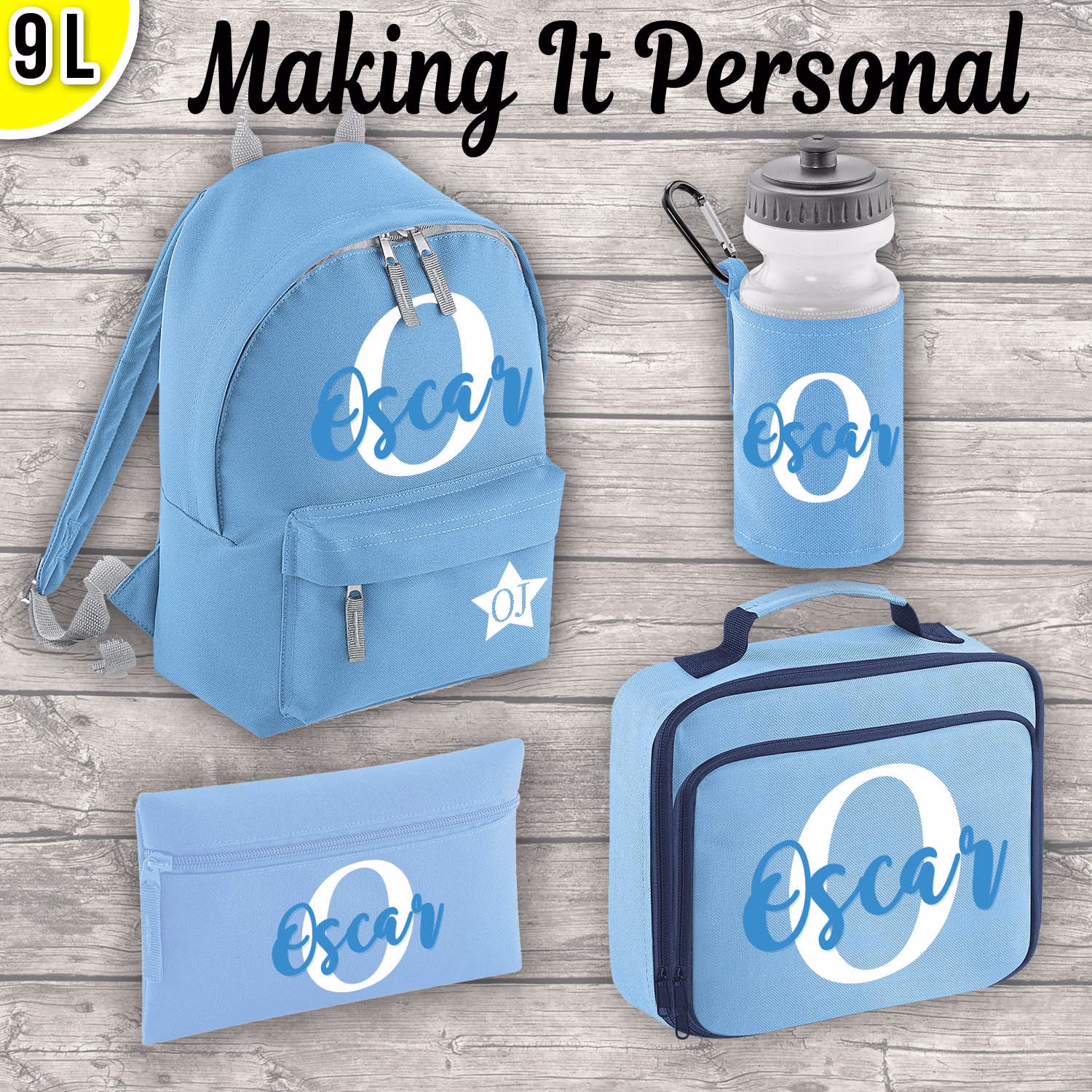 Personalised Mini 9L Kids Backpack Lunch Bag Water Bottle & Pencil Case Back To School Sky Blue Add Your Initial Name