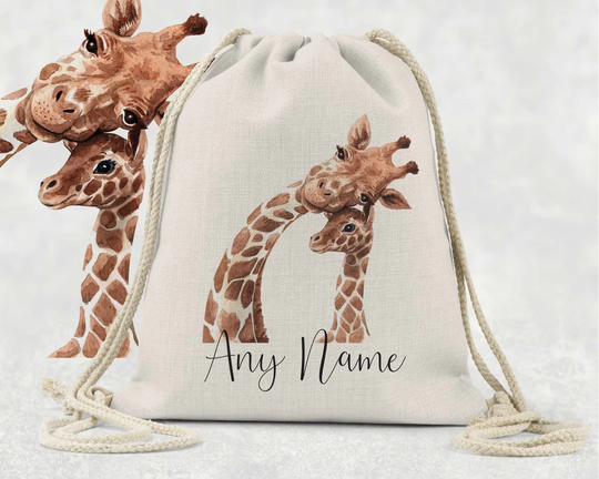 Giraffe Personalised Bag Dance Gym Baby Gift Play School Nursery Drawstring Linen